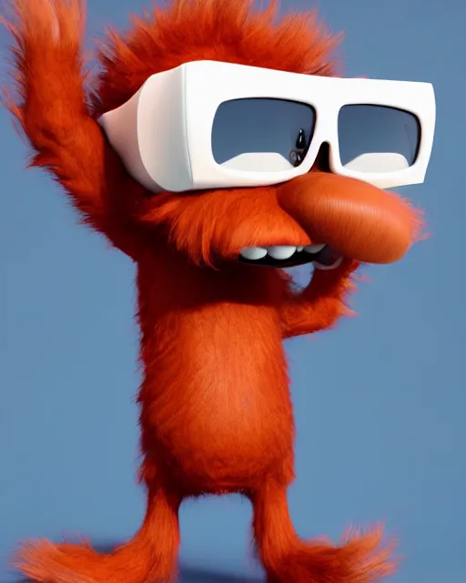 Image similar to 3 d render of completely red hairy friendly antropomorphic cartoony creature wearing white ray - ban shades, full body, simple, smile with no nose, no ears, cute, white background, unreal engine 5 hdr