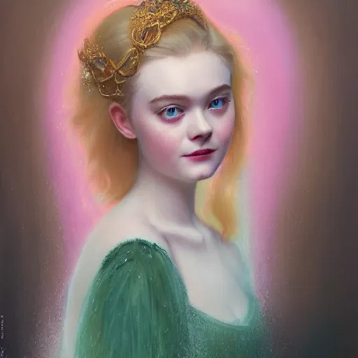 Prompt: professional painting of Elle Fanning in the style of Delphin Enjolras, head and shoulders portrait, symmetrical facial features, smooth, sharp focus, illustration, intricate, stormy weather, extremely detailed masterpiece,