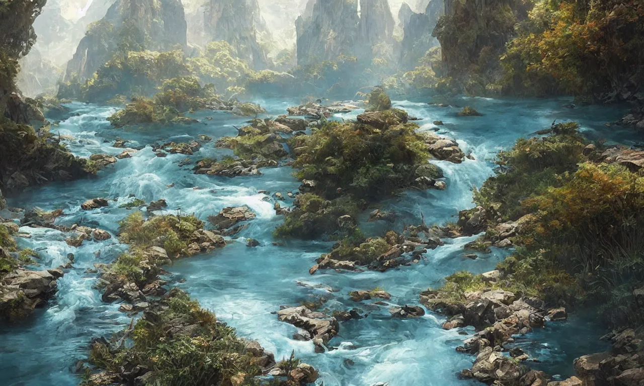 Image similar to Mountain river flows through a fantasy landscape gorge. A big blue lake in the middle of the mountains. Fabulous nature, amazing seascape, highly detailed, digital painting, artstation, concept art, smooth, sharp focus, illustration, art by greg rutkowski and alphonse mucha