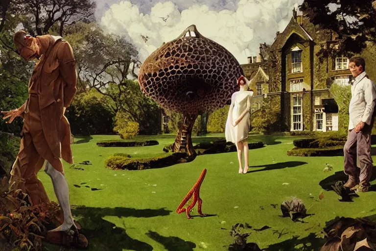 Image similar to pulp scifi illustration, elegant woman meets lizard alien on lawn of beautiful english stately home, spacehip lands, by norman rockwell, david curtis, jack kirby, john berkey, bergey, craig mullins, ruan jia, raymond swanland, jeremy mann, beksinski, tom lovell, alex malveda, schomburg