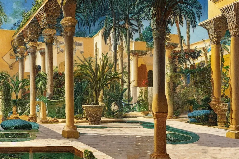 Image similar to painting of a beautiful moorish palace courtyard garden, by rudolf ernst and maxfield parrish, patterned tilework, palm trees, tiled fountains, extremely detailed, cinematic lighting, smooth sharp focus