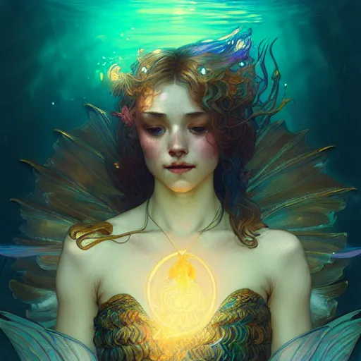 Prompt: Portrait of a girl mermaid with wings underwater surrounded by glowing light rays, face, fantasy, intricate, elegant, highly detailed, digital painting, artstation, concept art, smooth, sharp focus, illustration, art by Krenz Cushart and Artem Demura and alphonse mucha