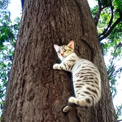 Prompt: - Many Different Cats Climbing Large Tree