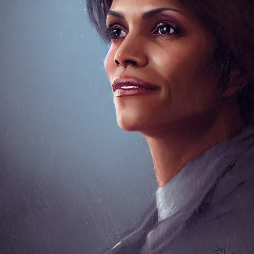 Image similar to portrait of maci holloway, first woman elected as president in usa, cold but beautiful, about 3 5 years old, highly detailed, mix of halle berry and julia roberts, artstation hd, deviantart, by artgem, greg rutkowski