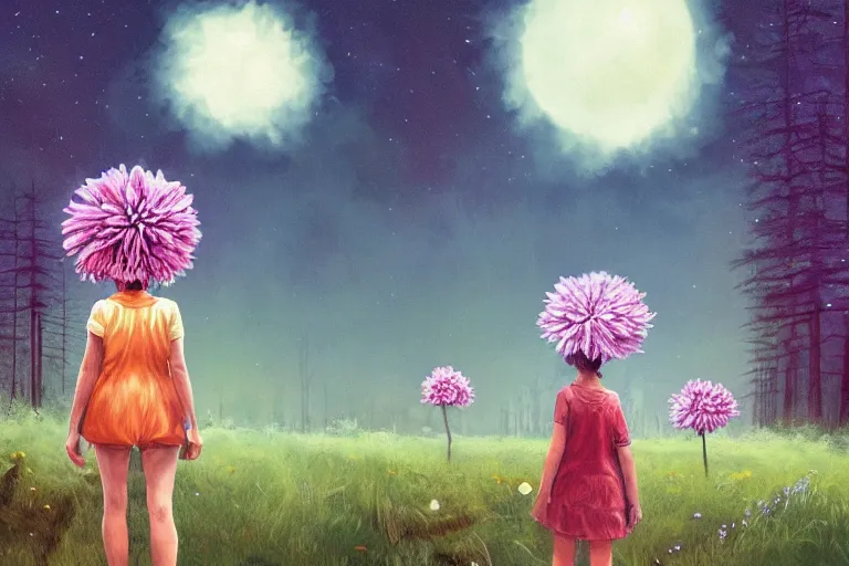 Prompt: giant daisy flower crown head, girl walking in forest, surreal photography, dark night, stars, moon light, impressionist painting, clouds, digital painting, artstation, simon stalenhag