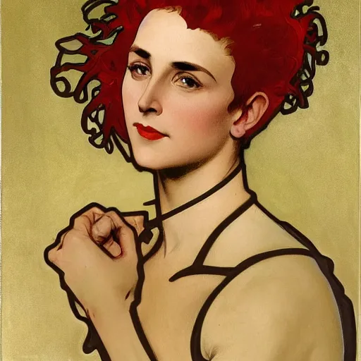 Image similar to portrait of a nonbinary actor with tanned skin and spiky short red hair wearing a men's suit, she has elf ears and gold eyes, by Alphonse Mucha and Grant Wood