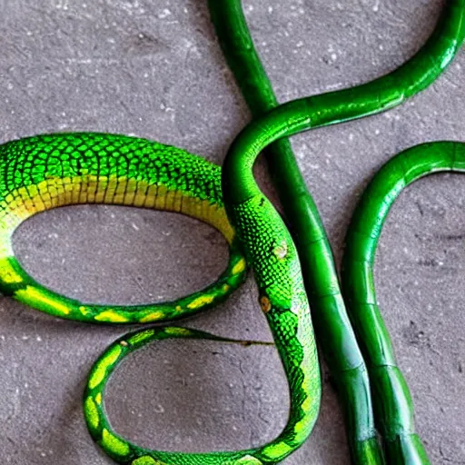 Image similar to a green serpent snake, viper, green mamba, snake in a tree