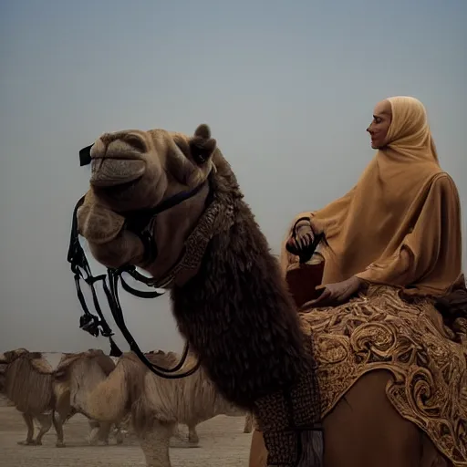 Image similar to anna forsterling and saul bromberger, yulia nevskaya, pulitzer, photorealistic, bokeh, fine hyperrealistic details, intricacy, aesthetic / woman wear burqa ride camel and handling gun in shaaran