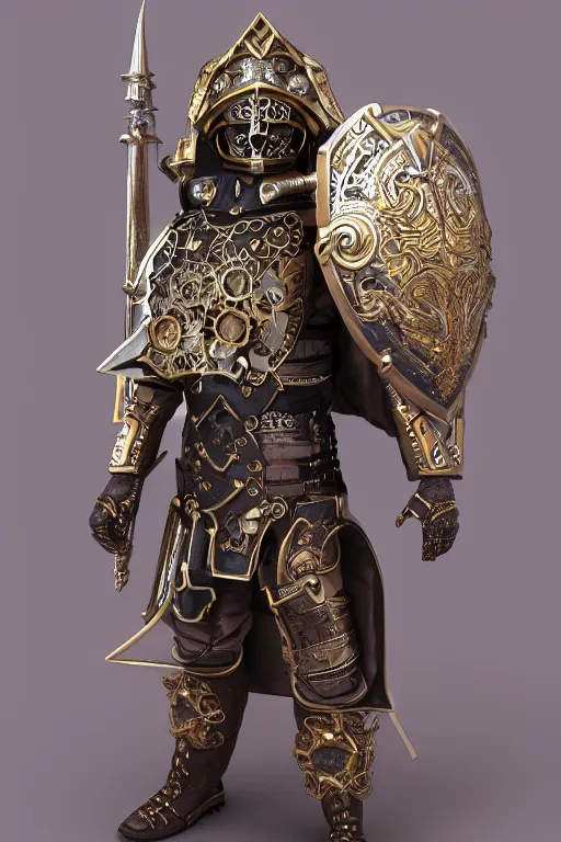 Prompt: steampunk paladin in dynamic pose, full body portrait, octane render, 4k, extremely ornate armor and shield, highly intricate