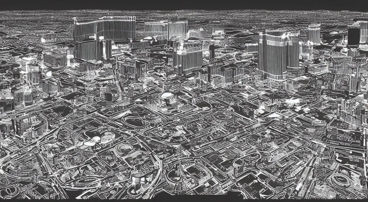 Image similar to las vegas as an axon drawing, in vector drawing style of charles williams