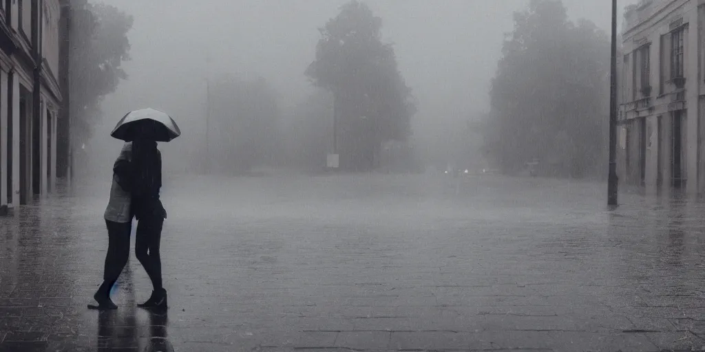 Image similar to lovers in the rain, moody light, empty street, full body