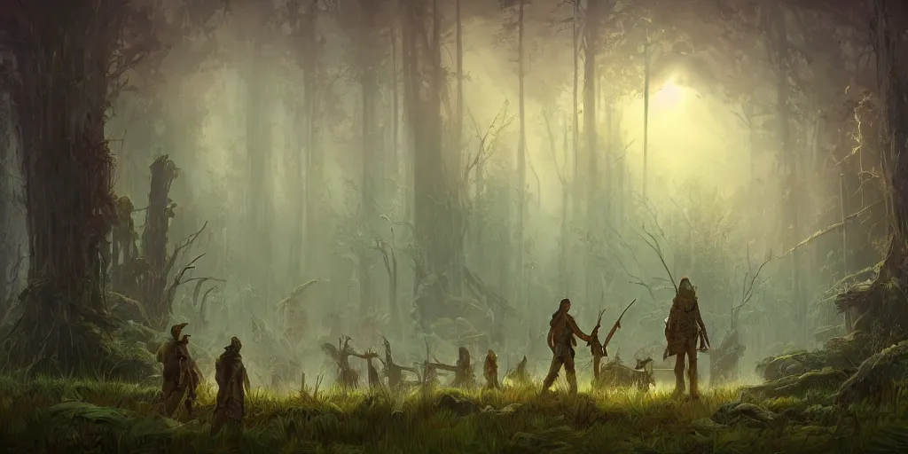 Image similar to ancient reed - people hunting in futuristic spiritual mystical post apocalyptic forest drawn by ron gilbert, dim painterly volumetric aquatic lighting, beautiful, crisp, artstation, highly detailed