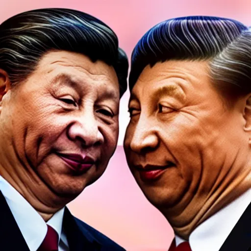 Image similar to Xi Jinping and Putin Kissing Each Other, promo shoot, studio lighting
