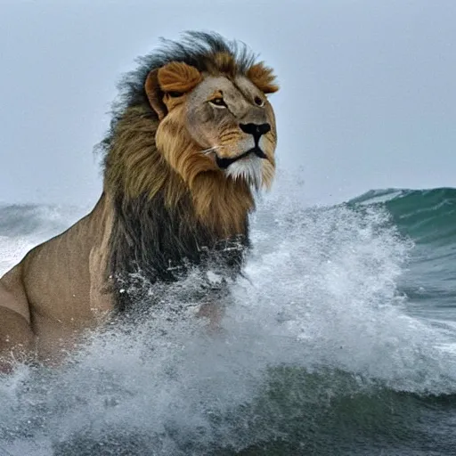 Image similar to a lion's face breaching through a wave, stormy weather