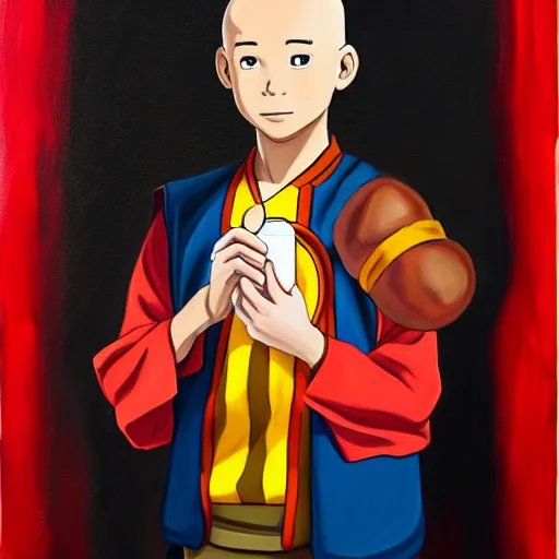 Image similar to a painting portrait of the last airbender in an arsenal jersey holding a hot dog,