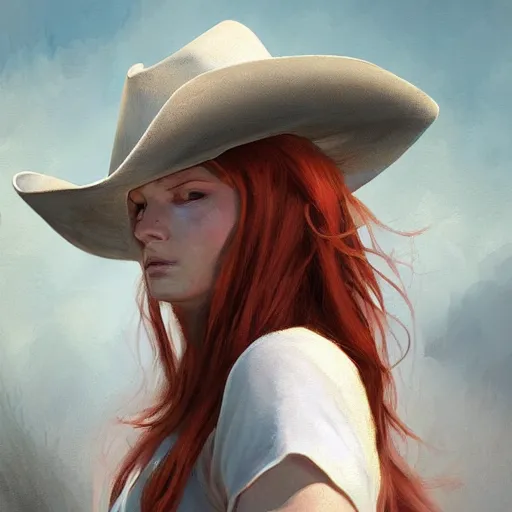 Image similar to an portrait of an beautiful woman wearing white t shirt and a blue vest and a cowboy hat, goddess, dirty clothes, flowing red hair, digital painting, artstation, concept art, soft light, hdri, smooth, sharp focus, illustration, fantasy, intricate, elegant, highly detailed, D&D, matte painting, in the style of Greg Rutkowski and Alphonse Mucha and artemisia, 8k, highly detailed, jurgens, rutkowski, bouguereau, pastoral, rustic, georgic, detailed concept art, illustration, colorful pastel, painting, detail, ultra detailed, digital art, 4K, unreal engine 5, 16k resolution,