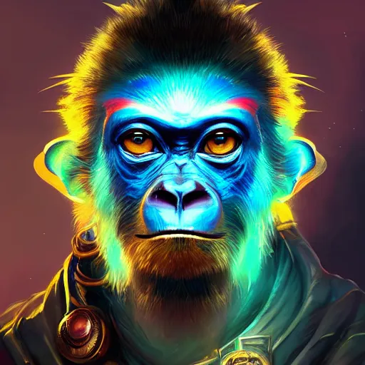 Prompt: a golden face monkey warrior with a black diamond in his forehead, Apex Legends character, digital illustration portrait design, by android jones and greg rutkowski, retrowave color scheme, detailed, cinematic lighting, wide angle action dynamic portrait