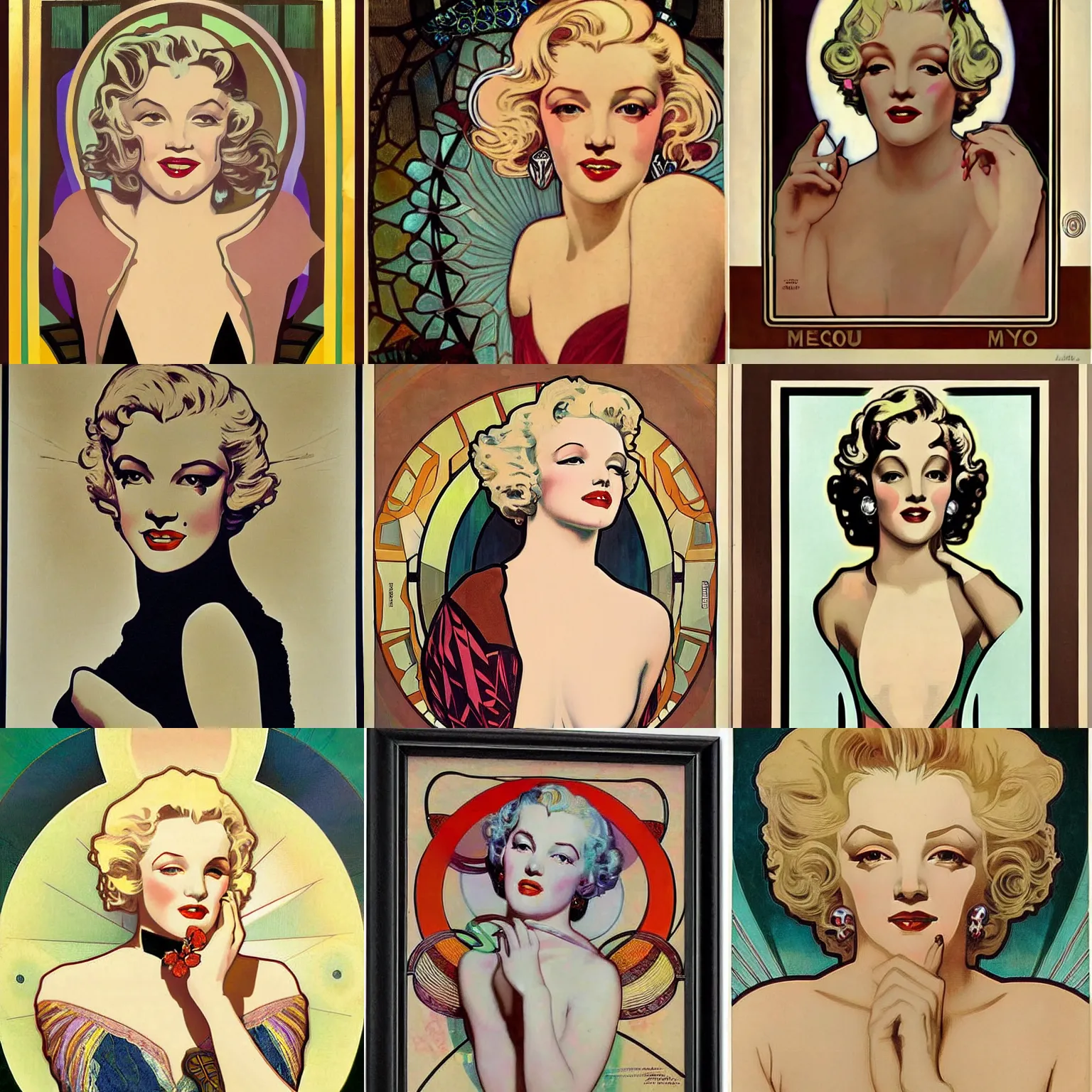 Prompt: beautiful Art Deco symmetric painting of Marylin Monroe by Mucha; classy, restrained, refined