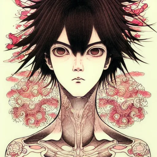 Image similar to prompt: Fragile looking character soft light portrait face drawn by Takato Yamamoto and Katsuhiro Otomo, tattooed face, inspired by Akira 1988 anime, alchemical objects on the side, soft light, intricate detail, intricate gouache painting detail, sharp high detail, manga and anime 2010