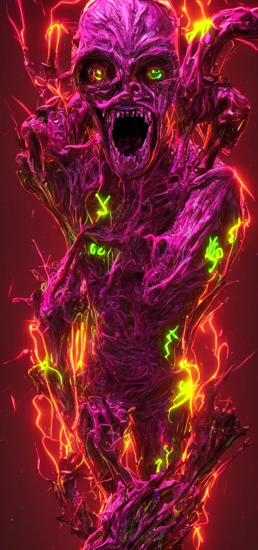 Image similar to a neon bright glowing monster body horror scary artstation highly detailed 4K,