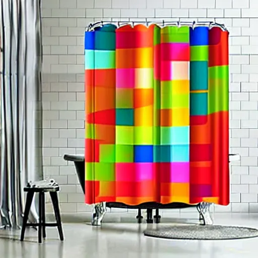 Prompt: bright beautiful cubed vibrant rainbow shower curtain