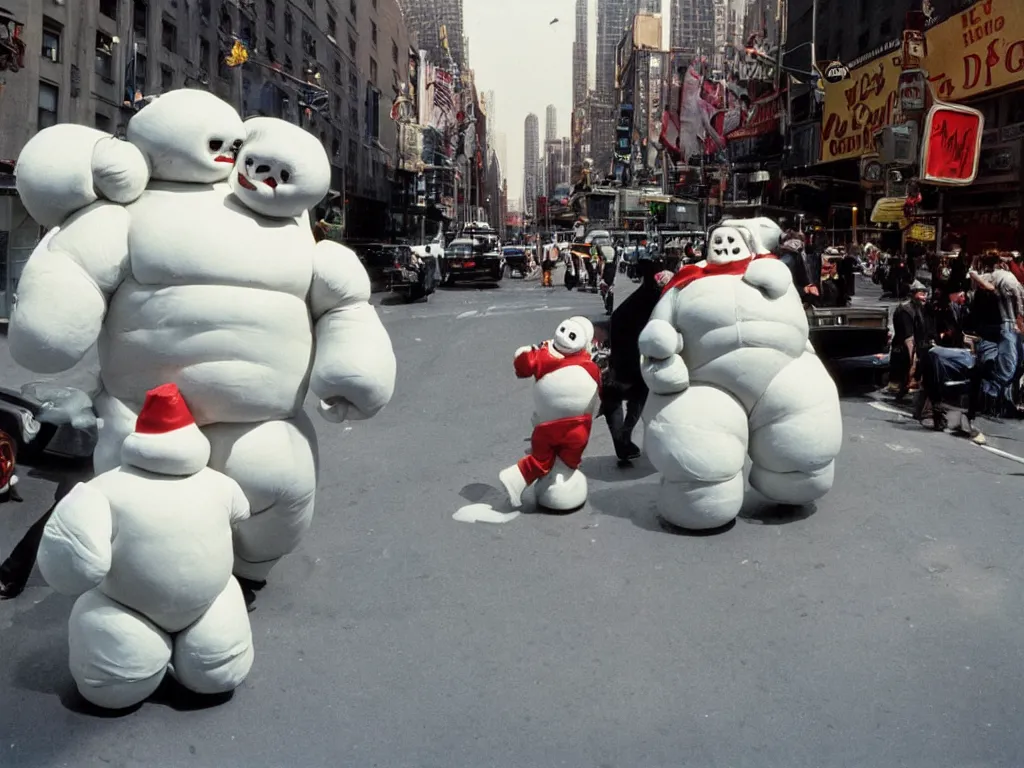 Image similar to 3 5 mm kodachrome colour photography of michelin man and stay - puft marshmallow man dancing in the streets of new york, sun and shadows, taken by harry gruyaert