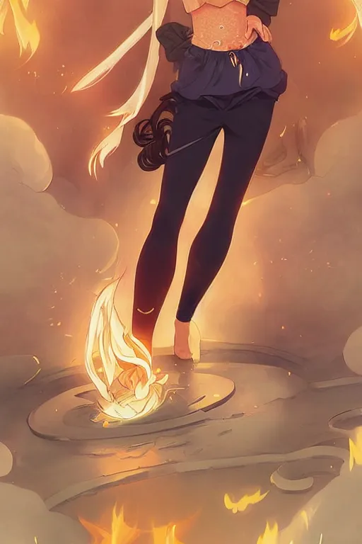 Image similar to anime key visual of a pretty sorcerer girl, wearing sweatpants and a crop top, practicing fire spells in her bedroom, intricate, lofi feel, magical, highly detailed, digital painting, artstation, smooth, hard focus, illustration, art by artgerm and greg rutkowski and alphonse mucha