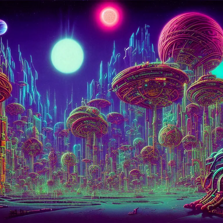Image similar to mysterious astral city at night, glowing orbs, infinite sky, synthwave, bright neon colors, highly detailed, cinematic, tim white, philippe druillet, roger dean, ernst haeckel, lisa frank, michael whelan, kubrick, kimura, isono