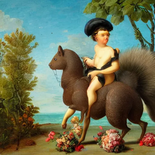 Image similar to a giant fluffy squirrel carrying napoleon bonaparte on its back, beach scene with flowers and foliage, detailed oil painting