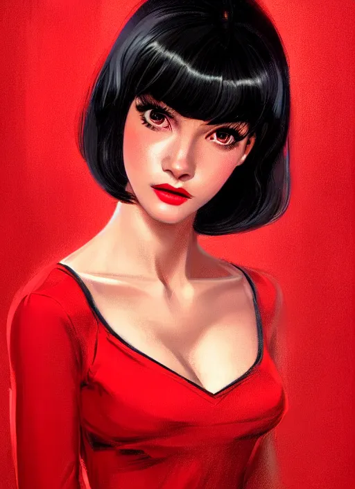 Image similar to portrait of veronica lodge with bangs, 1 9 6 0 s, long hair, red clothes, bangs, intricate, elegant, glowing lights, highly detailed, digital painting, artstation, concept art, smooth, sharp focus, illustration, art by wlop, mars ravelo and greg rutkowski