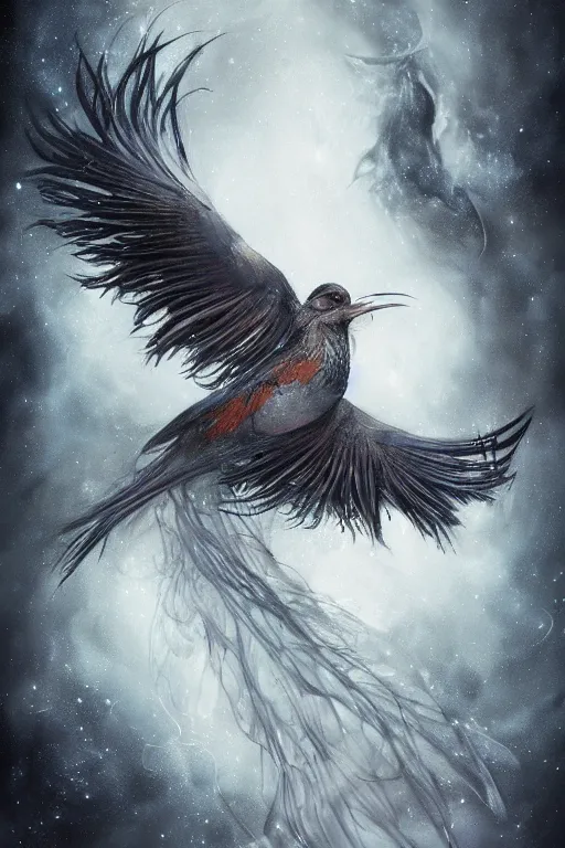 Image similar to a wlop 3 d render of very very very very highly detailed beautiful mystic portrait of a phantom undead raven bird with whirling galaxy around, tattoos by anton pieck, intricate, extremely detailed, digital painting, artstation, concept art, smooth, sharp focus, illustration, intimidating lighting, incredible art,