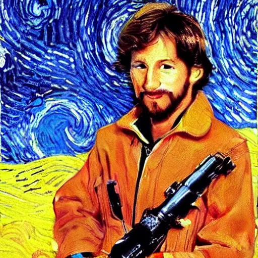 Prompt: an artistic portrait of a young steven spielberg, high quality, studio photography, colourful, hero, 1 9 8 8, heroic, beautiful, in the style of vincent van gogh