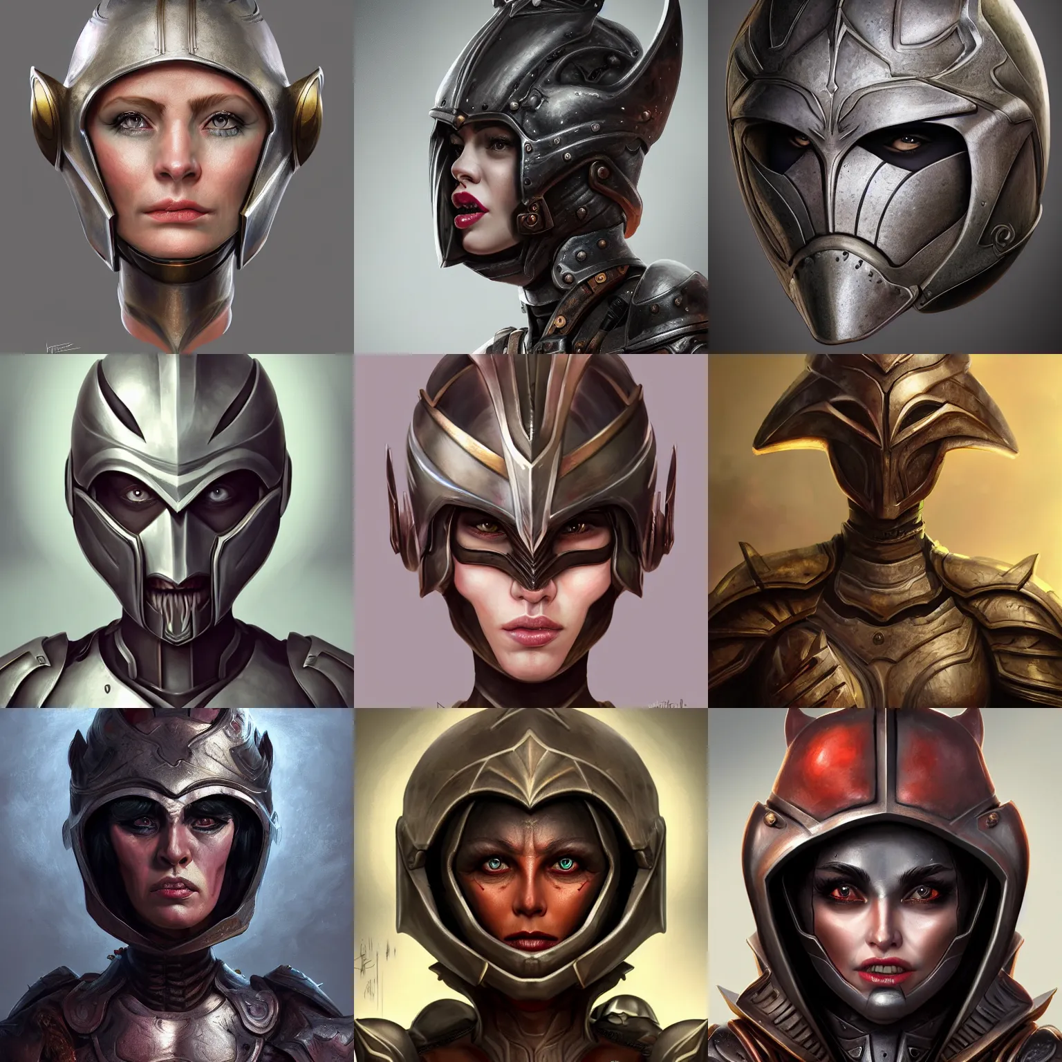 Prompt: character portrait of a woman with a realistically proportioned face in a demonic helmet and armor, realistic face details, smooth, highly detailed portrait, digital painting, concept art, cgi, 3 d animation, painted texture maps, sharp focus, illustration, in the style of studio fortiche