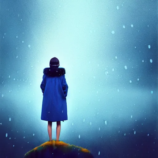 Prompt: many giant droplets of water floating around a flying girl with wings, sky blue straight hair, low - angle shot from behind, blue coat, fur scarf, ultra fine detail, dark theme, realistic painting, photography, psychedelic, film still, cinematic, wlop, ilya kuvshinov, ismail inceoglu,