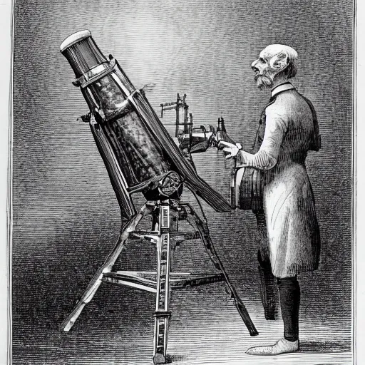 Prompt: an illustration of a victorian man looking through a giant mechanical telescope