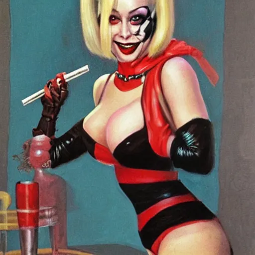 Prompt: Harley Quinn holding cigarette, artwork by Earl Norem,