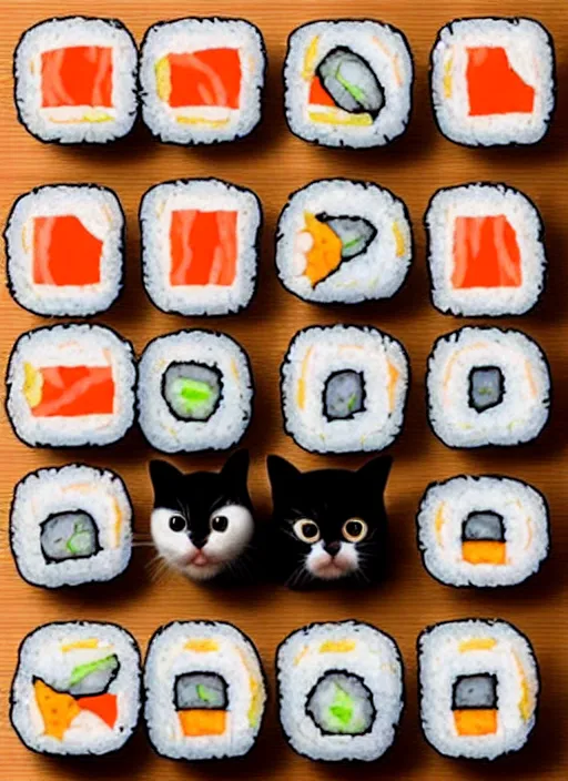 Image similar to clear photorealistic picture of adorable cats made out of sushi