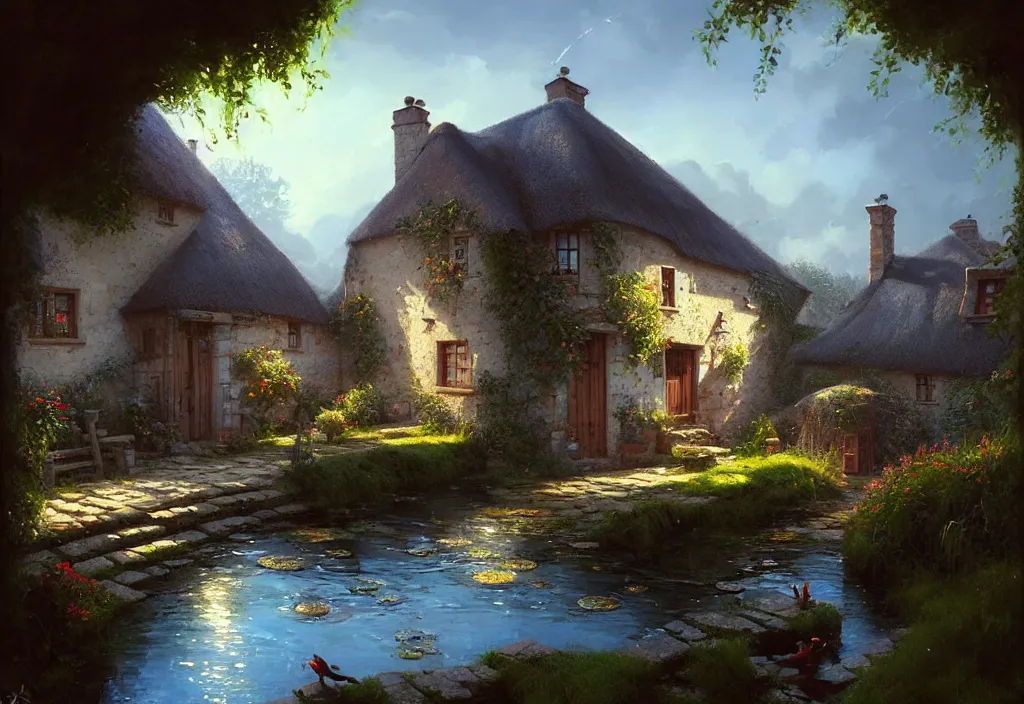 Prompt: a small georgian cottage with a courtyard and small fishpond, cinematic view, blue sky, detailed, concept art, high angle, high detail, warm lighting, volumetric, godrays, vivid, trending on artstation, by jordan grimmer, art greg rutkowski