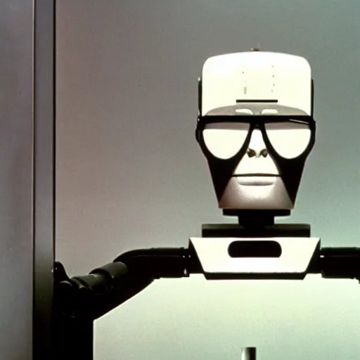 Prompt: Issac Asimov as a robot, the man with robot head, movie by David Lynch