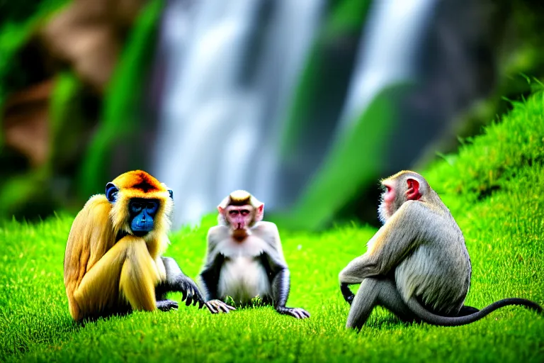 Prompt: two animals : a honey budger and a monkey, sitting in a meadow with a waterfall in the background, many details, high quality, 8 k