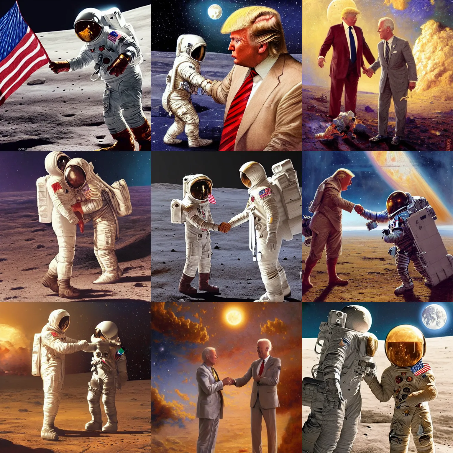 Prompt: hyperrealistic cinematic portrait donald trump shaking hands with joe biden on the moon, highly detailed maya render by gaston bussiere, craig mullins, j. c. leyendecker 8 k