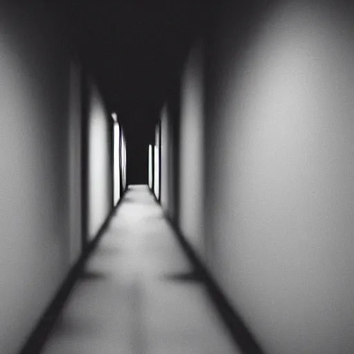 Prompt: photograph of a creepy narrow hallway made out of concrete, liminal with dark lighting, film grain