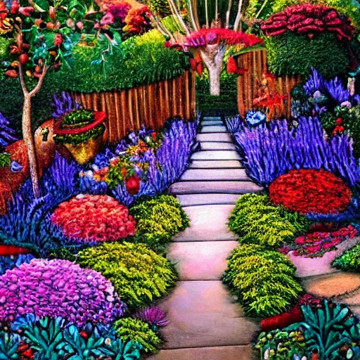 Image similar to a fairytale garden, painted by pablo amaringo