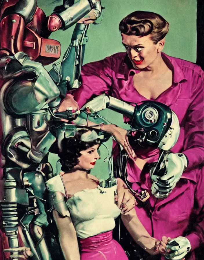 Image similar to a female housewife!!!! being hugged by a manly metal - suited!!! robot!!!!, 1 9 5 0 s horror film movie poster style, ( norman rockwell oil painting ), close - up shot, tight shot, retro science fiction, vintage, saturated pink and green lighting, shadowy lighting
