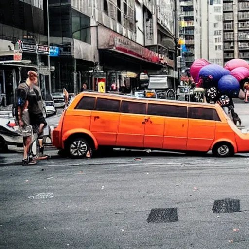 Prompt: a gigantic canteloupe rolling through a city and destroying buildings and cars