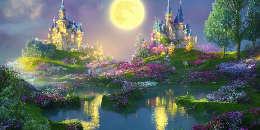 Image similar to a single glittering fairy castle at night, a full moon, water and colourful flowers, extremely detailed oil painting, unreal 5 render, fantasy digital art, octane render, beautiful composition, trending on artstation, award-winning photograph, masterpiece