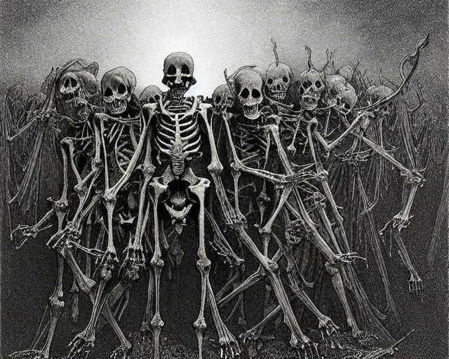 Image similar to satanic skeleton gang emerge from the cemetery on a dark night by zdzisław beksinski and gustave dore and alphonse mucha