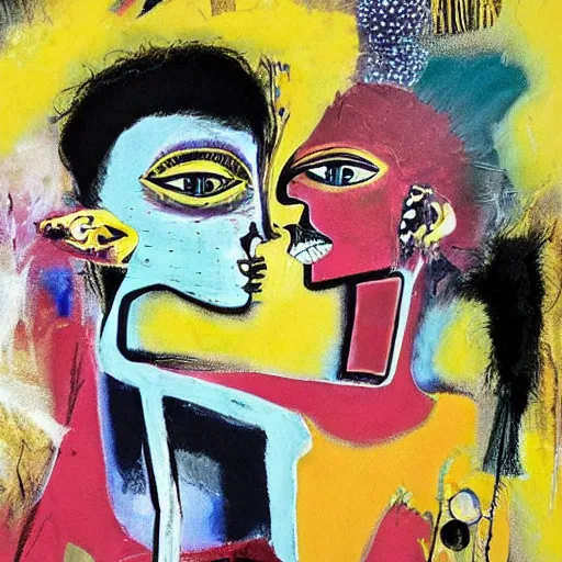 Image similar to beautiful painting of two bizarre psychedelic goth women kissing each other closeup in a cafe in japan, speculative evolution, mixed media collage by basquiat and jackson pollock, magazine collage art, sapphic art, lesbian art