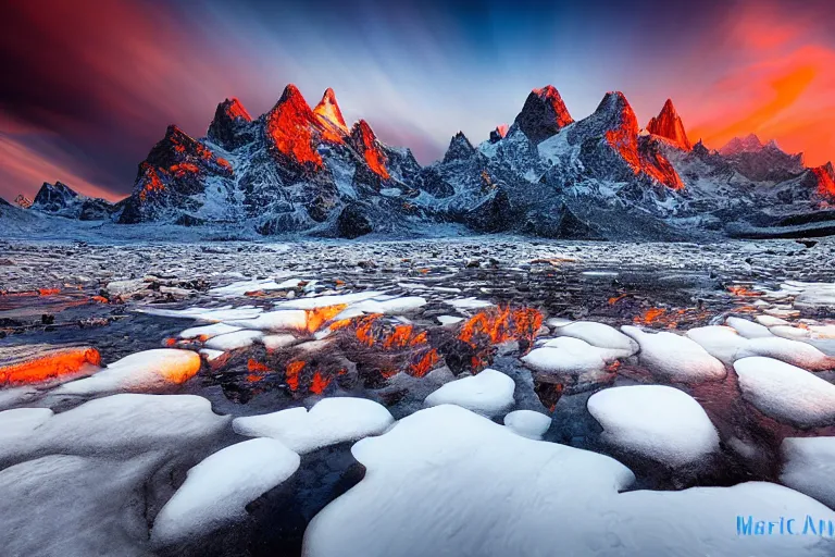 Prompt: amazing landscape photo of snowy mountains at sunset by marc adamus beautiful dramatic lighting