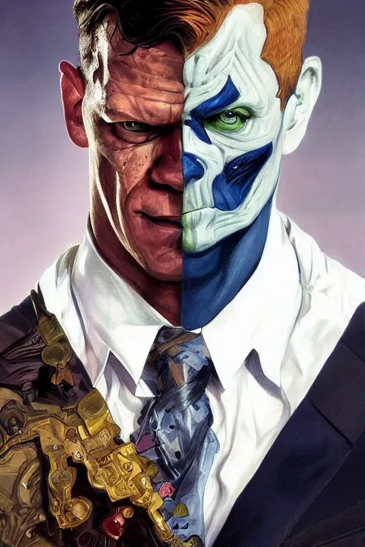 Image similar to portrait of john cena as harvey dent two face, godlike, upper body, fantasy, intricate, elegant, highly detailed, digital painting, artstation, concept art, sharp focus, illustration, art by artgerm and greg rutkowski and alphonse mucha